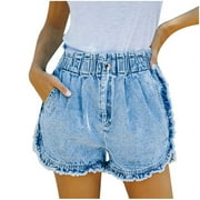 EINCcm Jean Shorts for Women Casual Summer Loose Stretchy Ruffle Frayed Raw Hem Denim Shorts